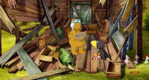 HANDOUT - Eddie Bär und Rabe Socke sind entsetzt: Der Vorratsschuppen ist zusammengekracht - eine Szene des Films «Der kleine Rabe Socke 2 - Das große Rennen» (undatierte Aufnahme). Der Animationsfilm startet am 20.08.2015 in den Kinos. dpa (zu dpa-Kinostarts vom 13.08.2015) ACHTUNG: Verwendung nur für redaktionelle Zwecke im Zusammenhang mit der Berichterstattung über diesen Film und nur mit Urheber-Nennung Foto: Universum Film/dpa +++(c) dpa - Bildfunk+++