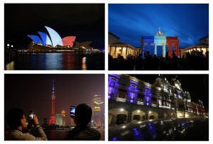 Auch die Oper in Sydney, das Brandenburger Tor in Berlin, der orientalischen Perlen-Turm in Shanghai und der Municipal Palace of Puebla in Mexico erleuchteten in den Farben der französischen Flagge. (Foto: dpa)