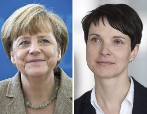 Links siehst du unsere Bundeskanzlerin Angela Merkel von der Partei CDU, rechts die Chefin der AfD: Frauke Petry. (Foto: dpa)