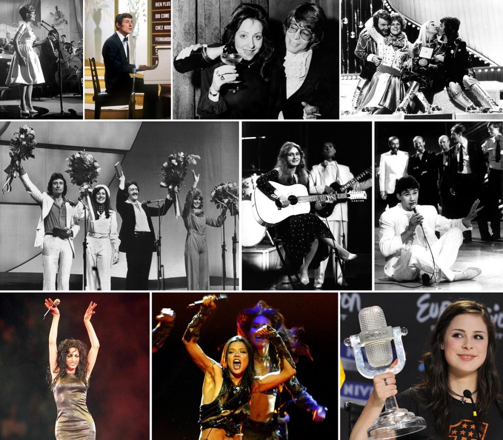 Gewinner des europäischen Liederwettbewerbs Eurovision Song Contest (ESC), oben von links nach rechts: Lys Assia (für die Schweiz, 1956), Udo Jürgens (für Österreich, 1966), Vicky Leandros (für Luxemburg, 1972), Abba (für Schweden, 1974), Mitte l-r: Brotherhood of Man (für Großbritannien, 1976), Nicole (für Deutschland, 1982), Johnny Logan (für Irland, 1987), unten l-r: Dana International (für Israel, 1998), Ruslana (für Ukraine, 2004) und Lena Meyer-Landrut (für Deutschland, 2010). (Fotos: dpa)