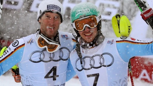 Grund zum Jubeln: Felix Neureuther (rechts) und Fritz Dopfer holten beim Slalom die Silber- und die Bronze-Medaille. (Foto: dpa)