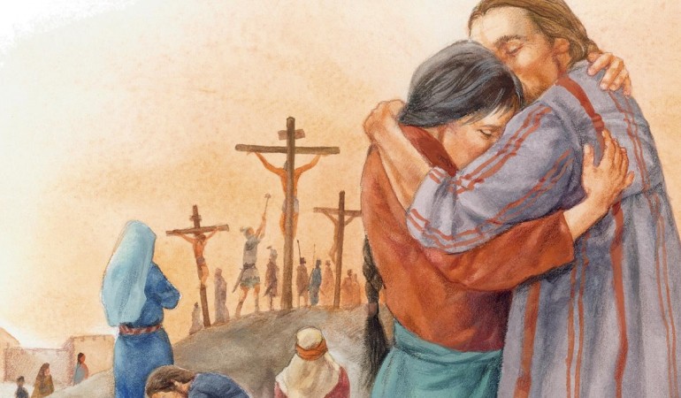 So stellt die Künstlerin Ute Thönissen die Kreuzigung in „Die Bibel erzählt für Kinder“ dar. (Foto: dpa)