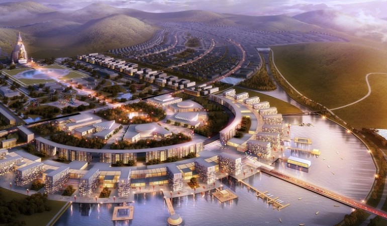 Das Foto zeigt eine Animation der geplanten Großstadt Maidar City in der Mongolei. Weil das Wasser in dem Land sehr knapp ist, sollen in zwei Seen Trinkwasser aus den Bergen gesammelt werden. (Foto: dpa)