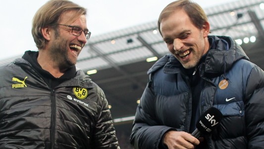 Der alte und der neue Trainer: Rechts steht Jürgen Klopp, links Thomas Tuchel. (Foto: dpa)