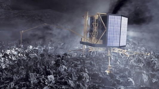 Das ist Philae auf dem Kometen Tschuri. Letztes Jahr war der Roboter hier gelandet. (Foto: dpa)