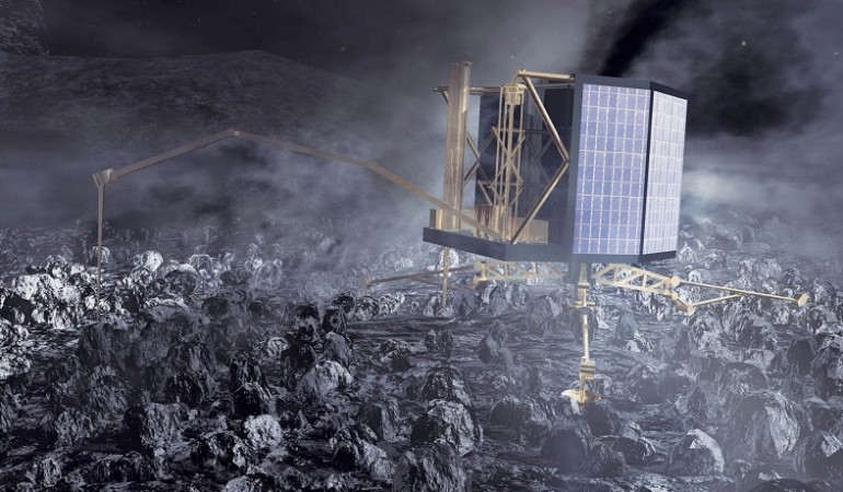 Das ist Philae auf dem Kometen Tschuri. Letztes Jahr war der Roboter hier gelandet. (Foto: dpa)