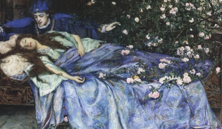 Dornröschen schläft 100 Jahre. Dann kommt der Königssohn und küsst sie wach. (Foto: „Henry Meynell Rheam - Sleeping Beauty“ von Henry Meynell Rheam - Diese Datei hat keine Quelle.Bitte ergänze die Dateibeschreibung und gib eine Quelle an.. Lizenziert unter Gemeinfrei über Wikimedia Commons - https://commons.wikimedia.org/wiki/File:Henry_Meynell_Rheam_-_Sleeping_Beauty.jpg#/media/File:Henry_Meynell_Rheam_-_Sleeping_Beauty.jpg)