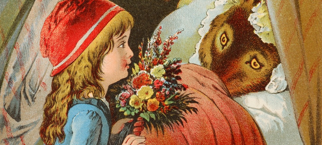 Rotkäppchen erkennt nicht, dass sie es mit dem bösen Wolf - und nicht mit der Großmutter zu tun hat. (Foto: „Offterdinger Rotkappchen (2)“ von Carl Offterdinger - Mein erstes Märchenbuch, Verlag Wilh. Effenberger, Stuttgart, end of the 19th century. See Cover and title page. Lizenziert unter Gemeinfrei über Wikimedia Commons - https://commons.wikimedia.org/wiki/File:Offterdinger_Rotkappchen_(2).jpg#/media/File:Offterdinger_Rotkappchen_(2).jpg)