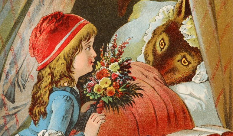 Rotkäppchen erkennt nicht, dass sie es mit dem bösen Wolf - und nicht mit der Großmutter zu tun hat. (Foto: „Offterdinger Rotkappchen (2)“ von Carl Offterdinger - Mein erstes Märchenbuch, Verlag Wilh. Effenberger, Stuttgart, end of the 19th century. See Cover and title page. Lizenziert unter Gemeinfrei über Wikimedia Commons - https://commons.wikimedia.org/wiki/File:Offterdinger_Rotkappchen_(2).jpg#/media/File:Offterdinger_Rotkappchen_(2).jpg)