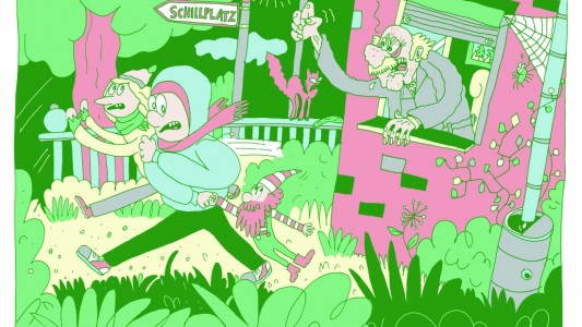 Laura, Tim und Rolle rasen über den Schillplatz. Ein bisschen zu schnell für den Weihnachtswicht Rollo. Illustration: Jahn