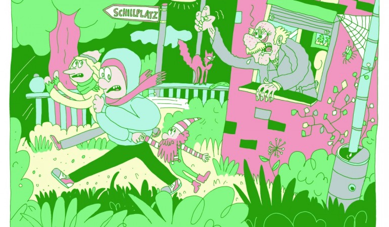 Laura, Tim und Rolle rasen über den Schillplatz. Ein bisschen zu schnell für den Weihnachtswicht Rollo. Illustration: Jahn