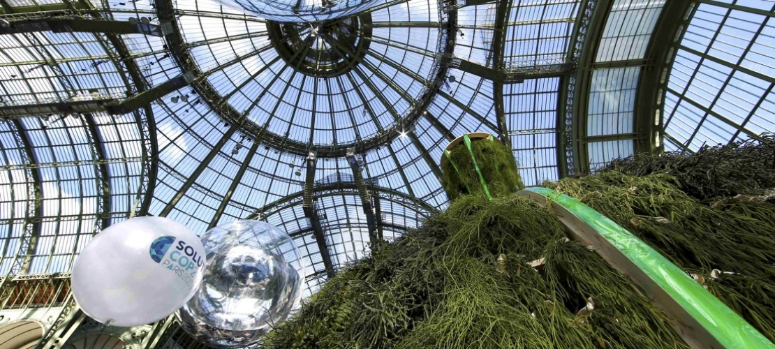 Eine grüne Hütte steht an einem der Orte, an dem die Weltklimakonferenz in Paris stattfindet. (Foto: dpa)