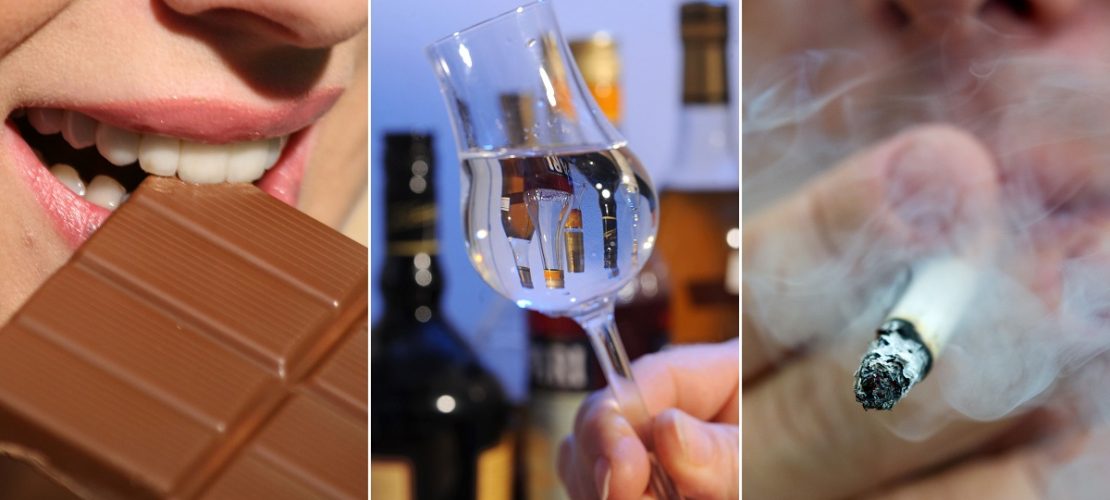 Die Bildkombo zeigt eine junge Frau die von einer Tafel Schokolade abbeißt, ein Glas mit Schnaps vor Flaschen mit Spirituosen und einen rauchenden Mann mit einer Zigarette. (Foto: dpa)