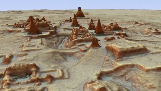 Dieses vom PACUNAM (Guatemala's Mayan Heritage and Nature Foundation) zur Verfügung gestellte, durch LiDAR Luftbildvermessung hergestellte 3D-Bild zeigt eine Darstellung der Ausgrabungsstätte einer Maya-Stadt.