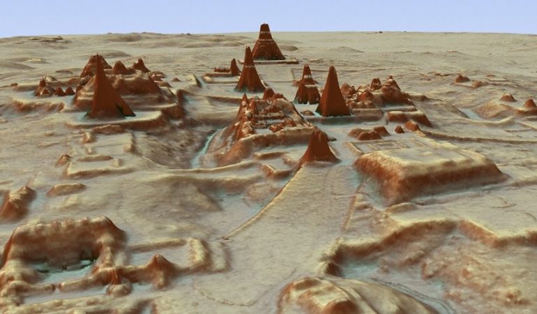 Dieses vom PACUNAM (Guatemala's Mayan Heritage and Nature Foundation) zur Verfügung gestellte, durch LiDAR Luftbildvermessung hergestellte 3D-Bild zeigt eine Darstellung der Ausgrabungsstätte einer Maya-Stadt.