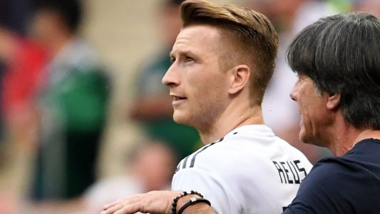 Marco Reuß und Joachim Löw beim Spiel Deutschland - Mexiko. (Foto: dpa)