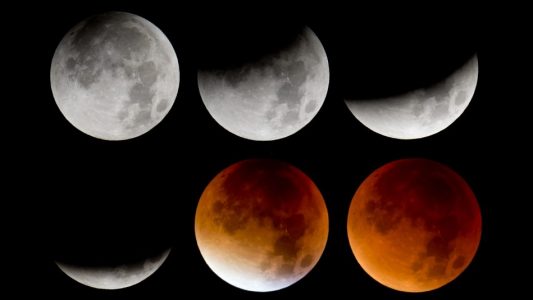 Die Bildkombo zeigt von links oben nach rechts unten die verschiedenen Phasen der totalen Mondfinsternis. Foto: Sven Hoppe/dpa